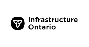 Logo for Infrastructure Ontario, featuring a white trillium flower icon inside a black circle next to the black text Infrastructure Ontario on a white background.