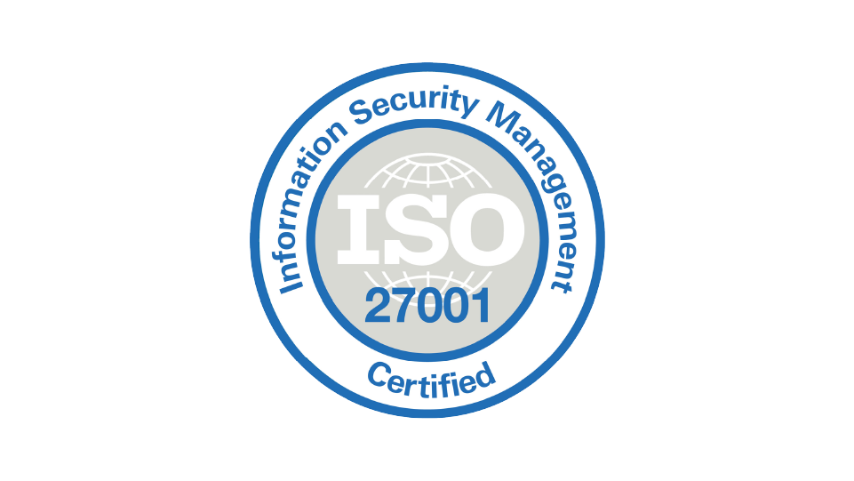 A circular ISO 27001 Certified badge with a globe design in the center. Blue text reads Information Security Management Certified around the edge.