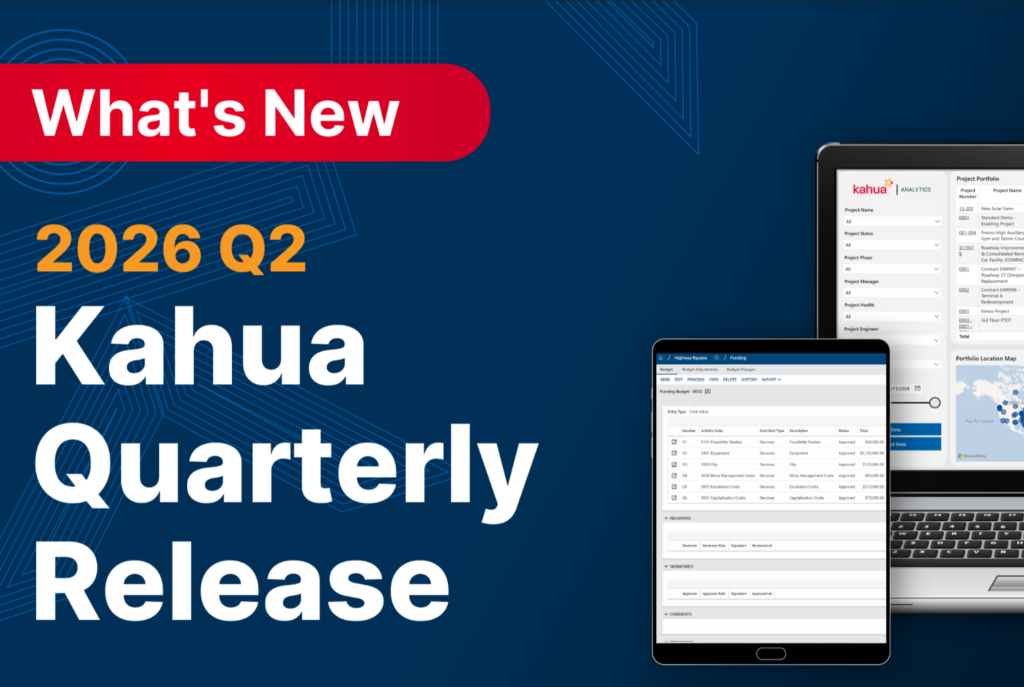 A graphic showing Whats New 2026 Q2 Kahua Quarterly Release with images of a laptop and tablet displaying Kahua software screens on a dark blue background.