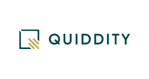 A green outlined square with three gold diagonal lines inside, next to the word QUIDDITY in capital green letters on a light background.