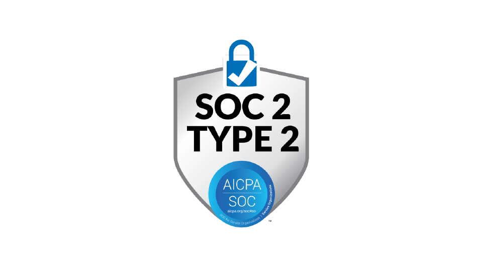 A silver shield with a blue padlock icon on top, displaying SOC 2 TYPE 2 in bold text, and an AICPA SOC certification seal at the bottom.