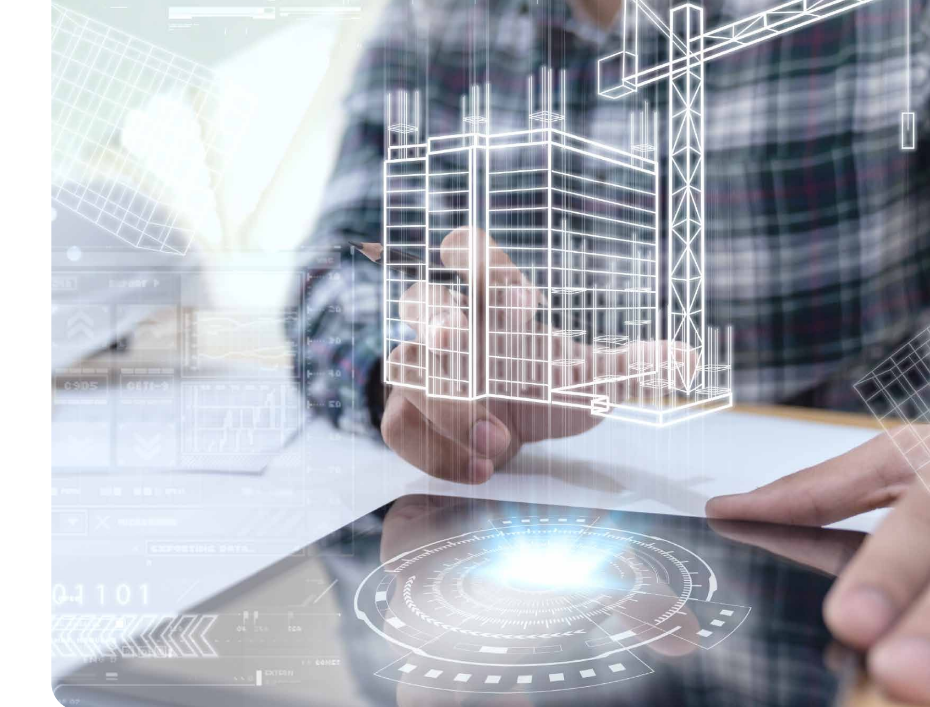 A person uses a tablet, interacting with a digital hologram of a building under construction, featuring virtual crane and structure graphics, symbolizing architectural technology and planning.