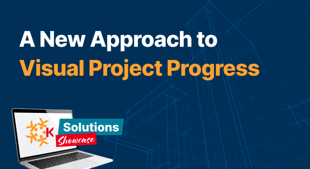 Text reads A New Approach to Visual Project Progress. An open laptop with a logo and Solutions Showcase text appears at the bottom left. Blue background with faint technical line drawings.