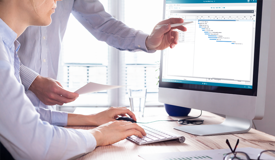Two people work together at a desk, one typing on a keyboard and the other pointing at a computer monitor displaying a project management Gantt chart. Bright office setting with documents on the desk.