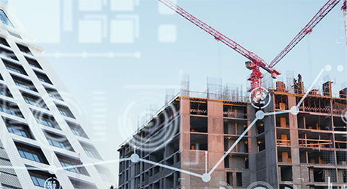 A modern building under construction with cranes and a completed building beside it, overlaid with digital technology icons and data graphs.