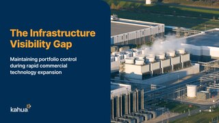 A large commercial building with cooling towers is shown. Text reads: The Infrastructure Visibility Gap: Maintaining portfolio control during rapid commercial technology expansion. Kahua logo in lower left.