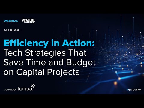 Webinar promo image reads: Efficiency in Action: Tech Strategies That Save Time and Budget on Capital Projects, with event date, sponsors, and a digital blue background.