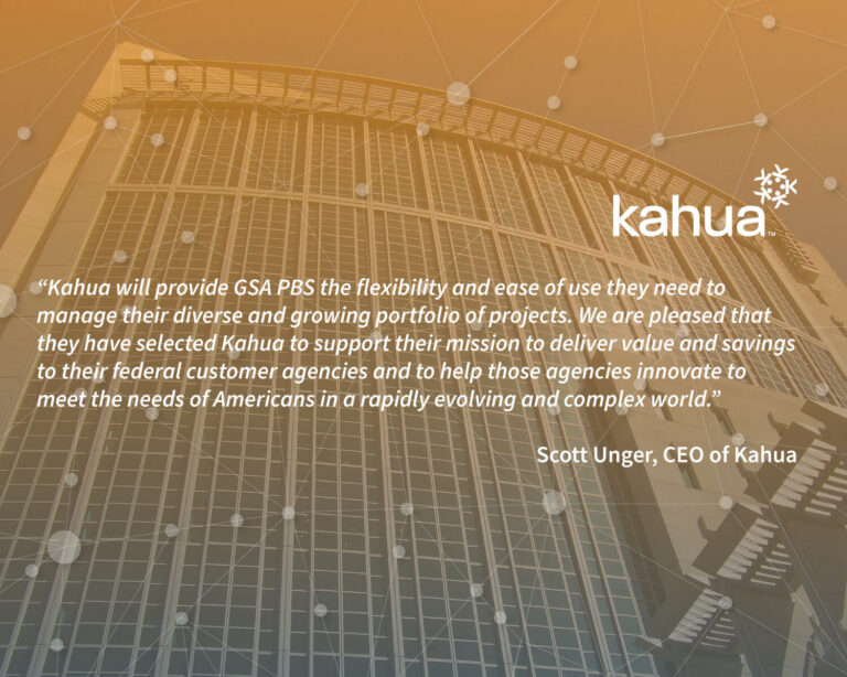 Quote from Kahuas CEO overlaid on a modern office building, with the Kahua logo in the top right corner and a geometric network pattern in the background.