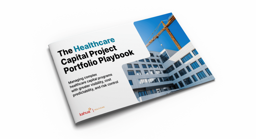 Booklet titled The Healthcare Capital Project Portfolio Playbook with a photo of a modern hospital building and a construction crane on the cover.