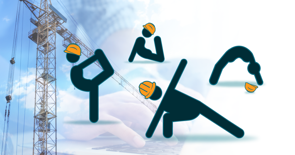 Icons of people in yoga poses wearing construction hats are overlaid on a background with a construction crane, sky, and hands typing on a laptop.