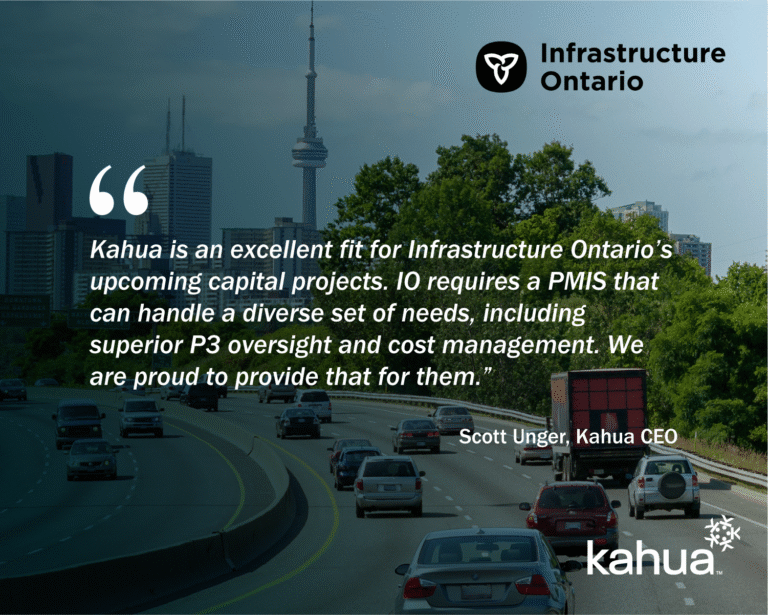 Cars travel on a multi-lane highway toward a city skyline with a tall tower. Overlaid text includes a quote from Scott Unger, Kahua CEO, about Infrastructure Ontario partnering with Kahua. Kahua and Infrastructure Ontario logos appear.