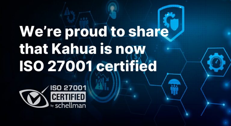 Were proud to share that Kahua is now ISO 27001 certified. Background has digital security icons. ISO 27001 certified logo by Schellman at bottom left.