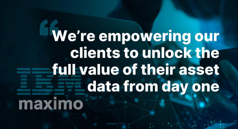 Text reads: Were empowering our clients to unlock the full value of their asset data from day one. IBM Maximo logo over a blue background with a hand using a tablet.