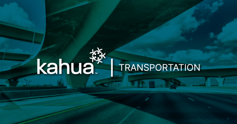 A view from a highway under multiple overpasses with kahua TRANSPORTATION logo and a snowflake symbol overlaid on the image.