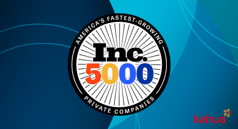 A badge reads Americas Fastest-Growing Private Companies Inc. 5000 on a blue background with kahua logo in red at the bottom right.