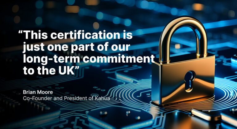 A golden padlock on a blue digital circuit board, with a quote about certification and UK commitment from Brian Moore, Co-Founder and President of Kahua, overlaid in white text.