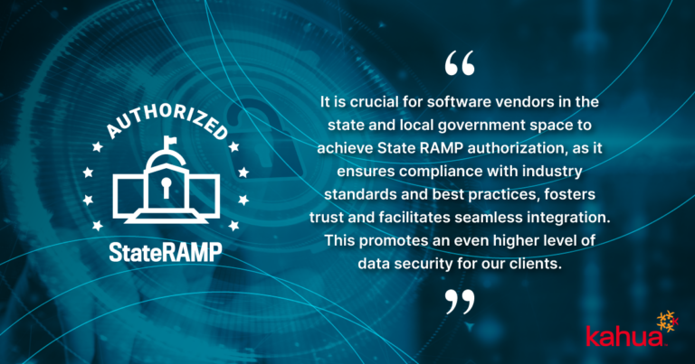 A digital graphic with a lock icon and Authorized StateRAMP text, a quote about StateRAMP compliance for vendors, and the Kahua logo on a blue tech background with circular patterns.