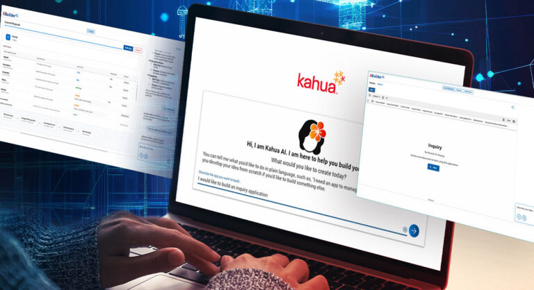 Hands typing on a laptop displaying a Kahua AI assistant chat. Two floating windows show digital inquiry forms, all set against a blue digital network background.