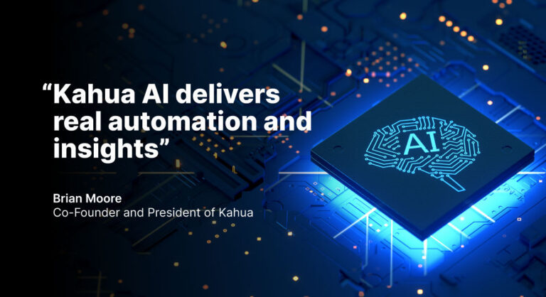 A quote about Kahua AI and automation from Brian Moore, displayed next to a computer chip labeled AI with a glowing brain symbol on a circuit board background.
