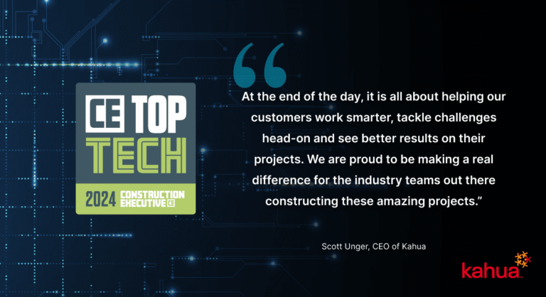 CE Top Tech 2024 badge, a quote about improving project results in construction, and the Kahua logo on a dark digital background with blue circuit lines.