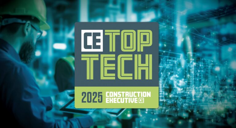 A worker in safety gear uses a tablet in a high-tech construction setting. Overlay text reads CE Top Tech 2025 Construction Executive CE on a digital blue-green background.