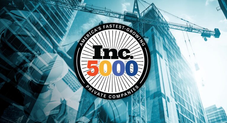 Inc. 5000 badge on a cityscape background with cranes and buildings under construction, representing Americas fastest-growing private companies.