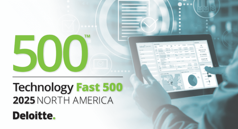 Person using a tablet with graphs and charts; 500 Technology Fast 500 2025 North America Deloitte text appears, representing a Deloitte tech ranking event.
