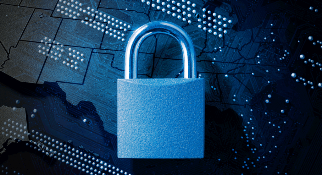 A blue padlock overlaid on a dark map of the United States with circuit patterns, symbolizing cybersecurity and data protection.