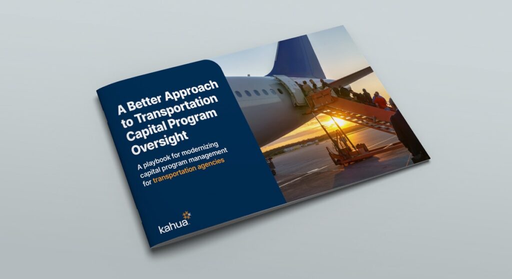 Booklet cover showing passengers boarding an airplane via stairs at sunset. The title reads A Better Approach to Transportation Capital Program Oversight. Kahua logo is at the bottom left.