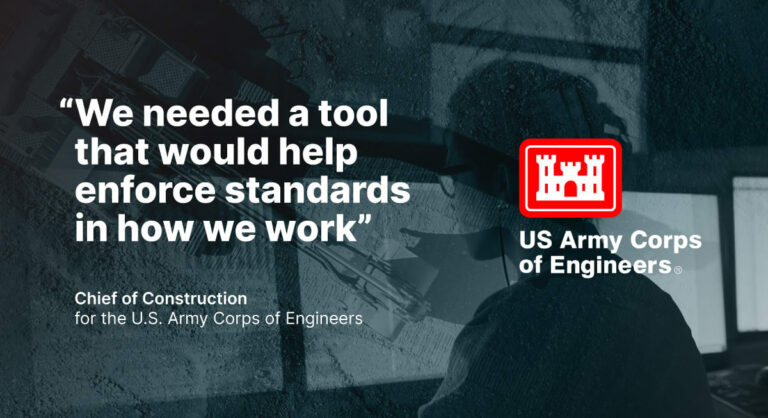 A quote from the U.S. Army Corps of Engineers about needing a tool to enforce standards appears next to their logo and a silhouette of a person at a computer.