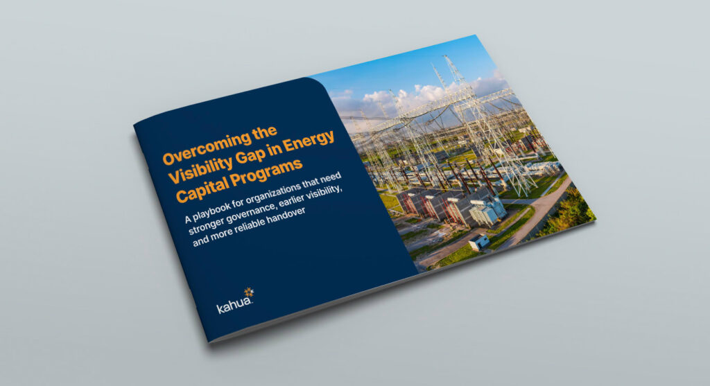 A booklet titled Overcoming the Visibility Gap in Energy Capital Programs with an image of an electrical substation and power lines on the cover.