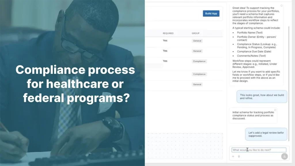 A man in a suit writes at a desk. Overlay text reads Compliance process for healthcare or federal programs? On the right, a software interface displays steps in a compliance tracking workflow.