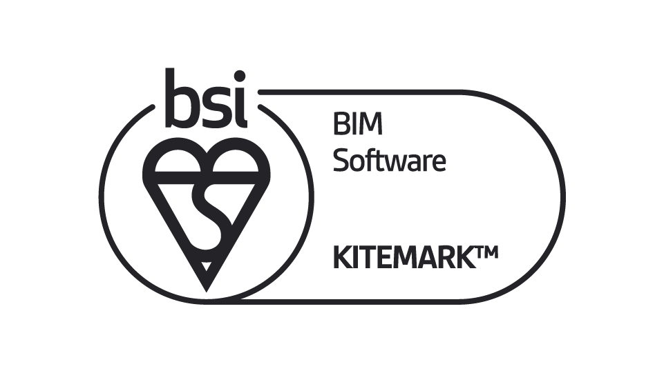 Black and white BSI Kitemark logo with the text BIM Software KITEMARK™ and a heart-shaped symbol featuring the letters b, s, and i inside.