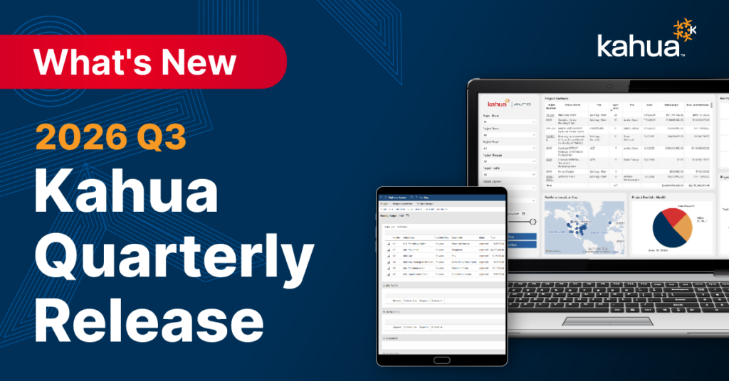 A graphic showing Whats New 2026 Q3 Kahua Quarterly Release with a laptop and tablet displaying data dashboards, and the Kahua logo in the top right corner.