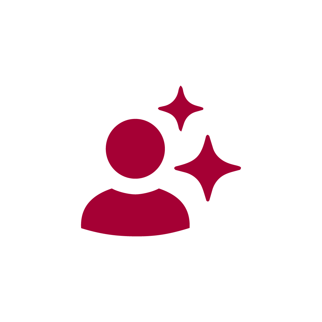 Red icon of a person with two sparkling stars beside them on a light gray background, symbolizing excellence or standout individual.