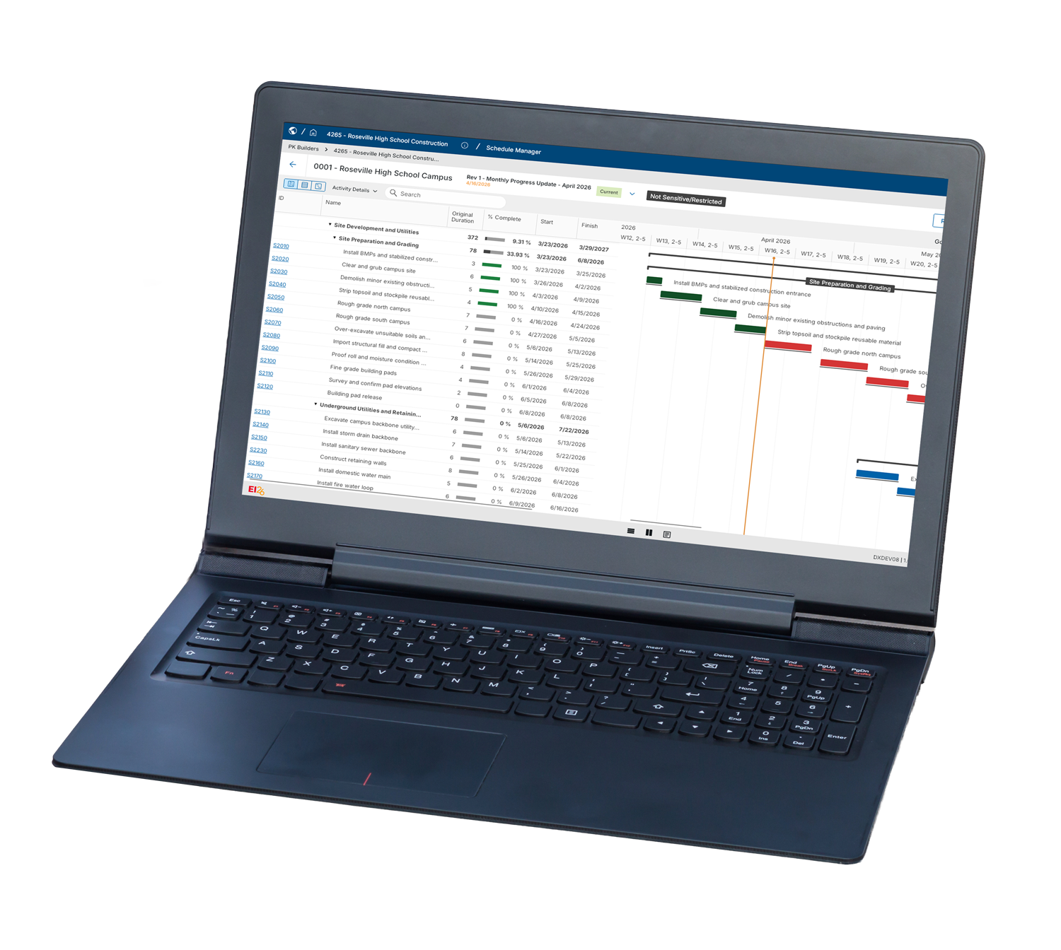 A laptop screen displaying construction scheduling software with a Gantt chart for Roseville High School.