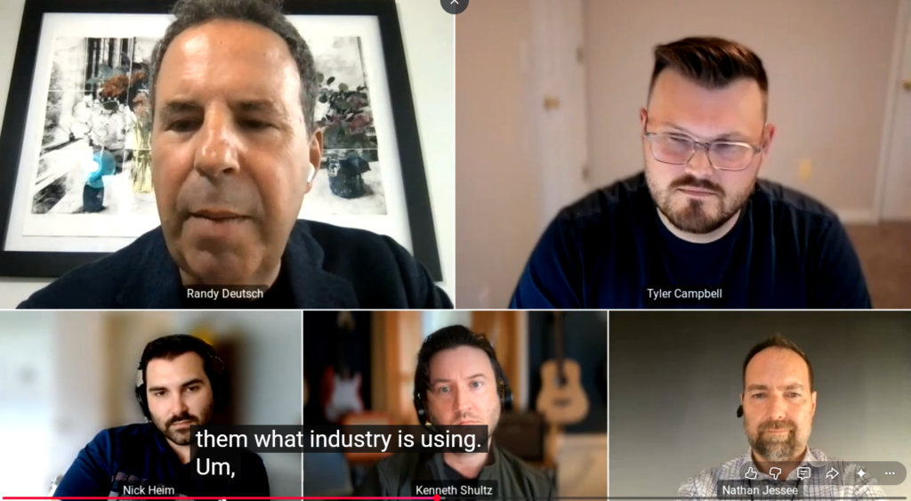 Video call with five participants: Randy Deutsch, Tyler Campbell, Nick Heim, Kenneth Shultz, and Nathan Jessee.